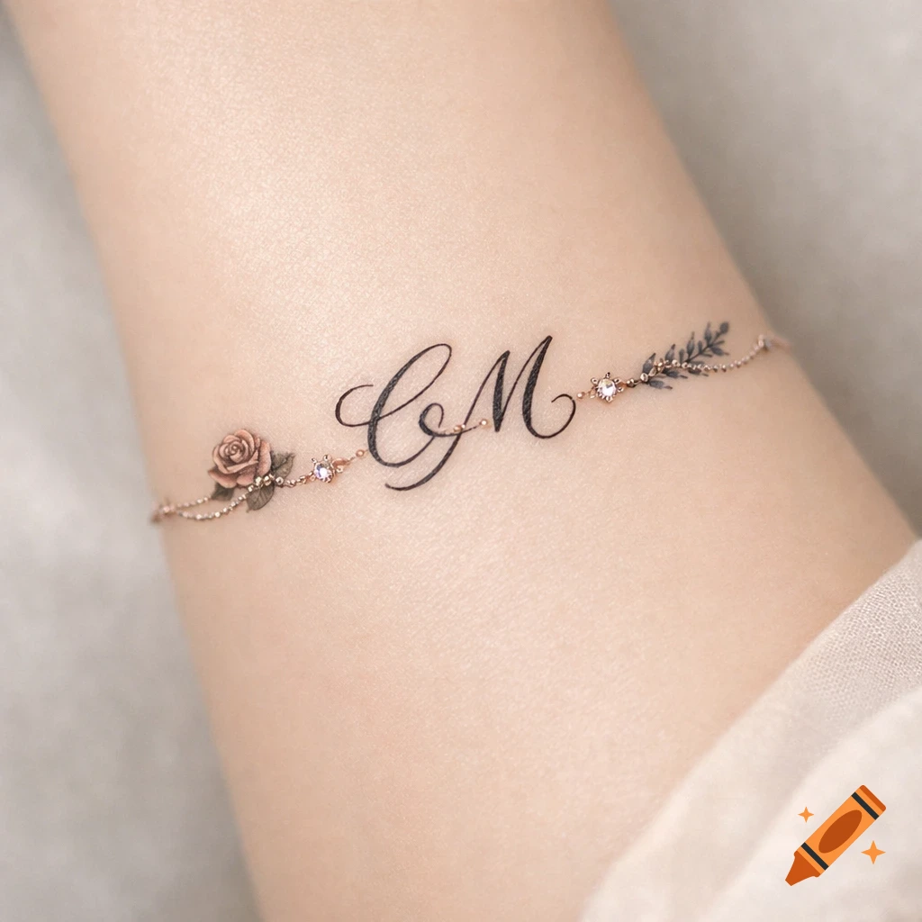 Close-up of a delicate CM initial tattoo on an arm, designed like a bracelet with a small rose, leaves, and gems.