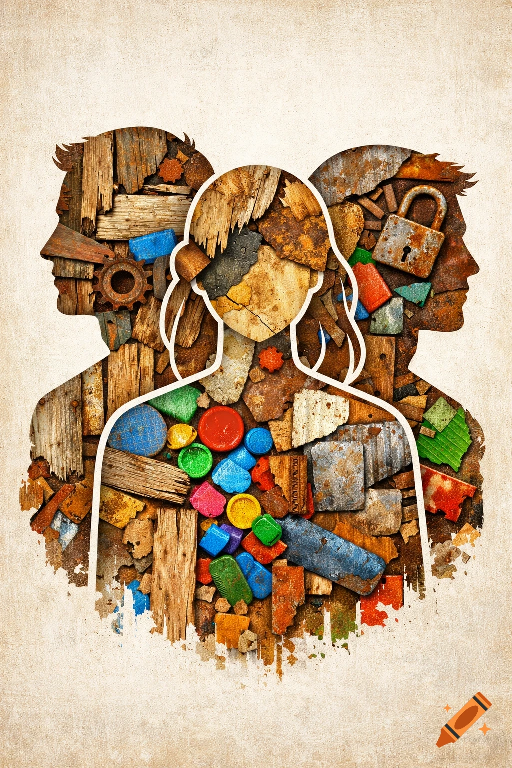 Artistic illustration of three human silhouettes (two men, one woman) filled with a collage of recycled wood, rusted metal, and colorful plastic pieces, on a textured background.