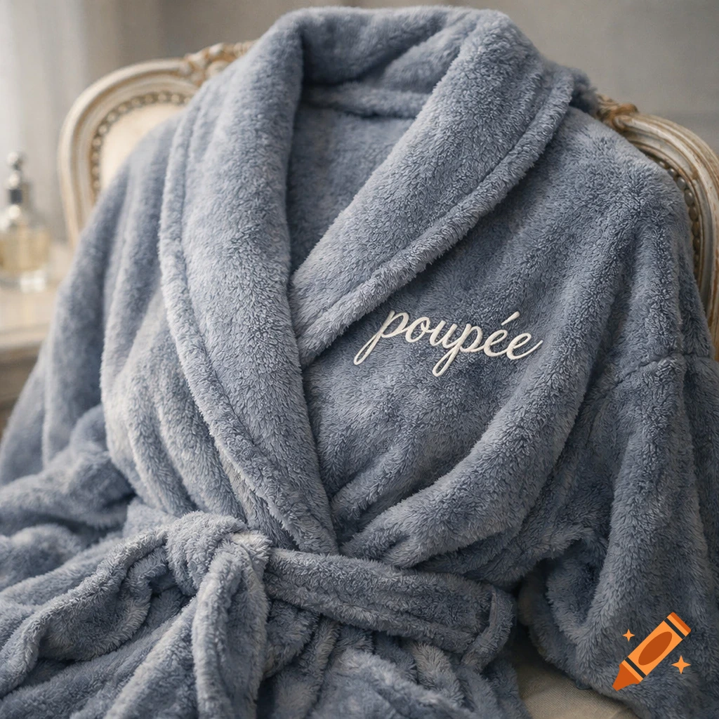 A soft, fluffy blue-grey bathrobe with 'poupée' embroidered in white on the chest, tied at the waist.