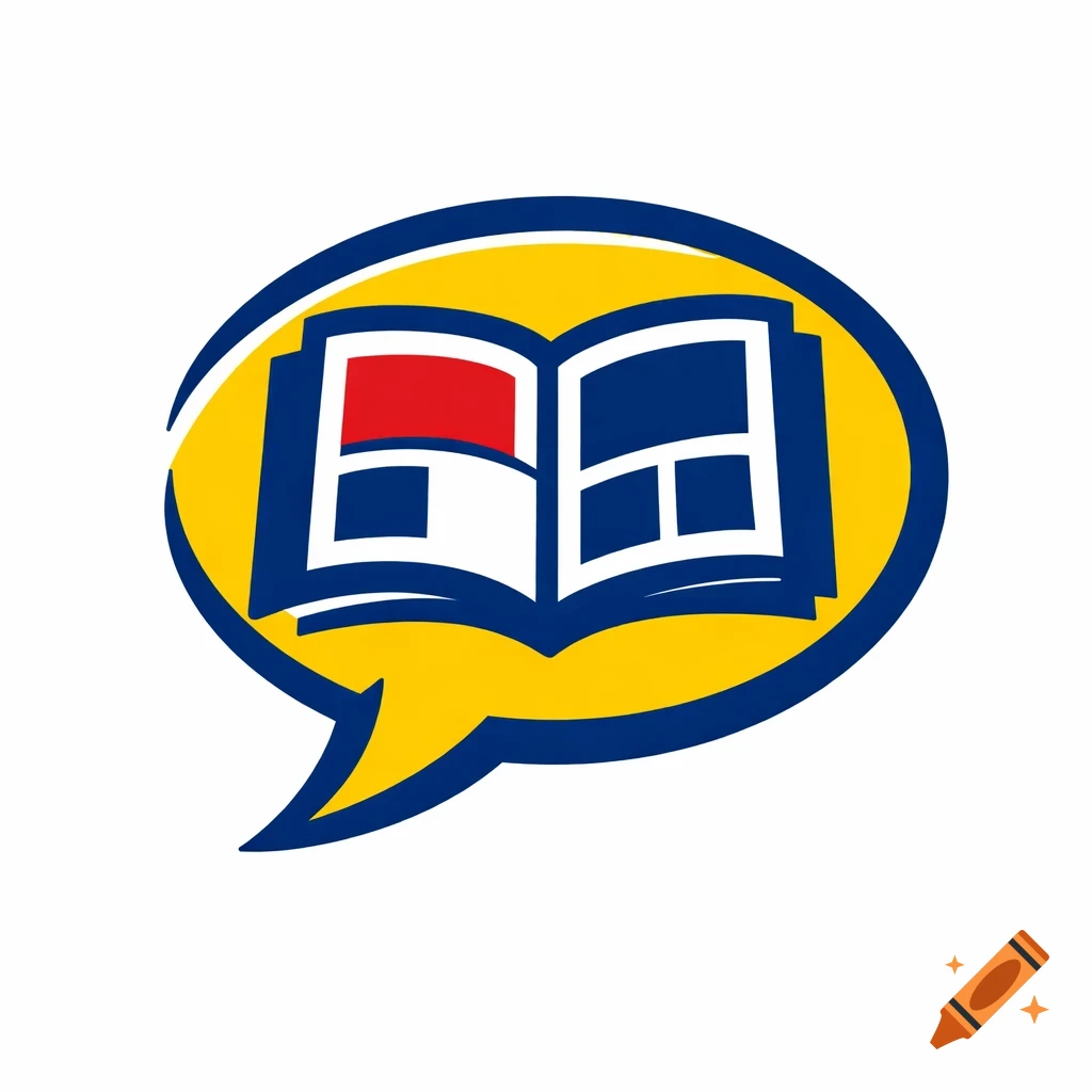 A stylized icon featuring an open book with blue, red, and white pages, enclosed within a yellow and blue speech bubble.