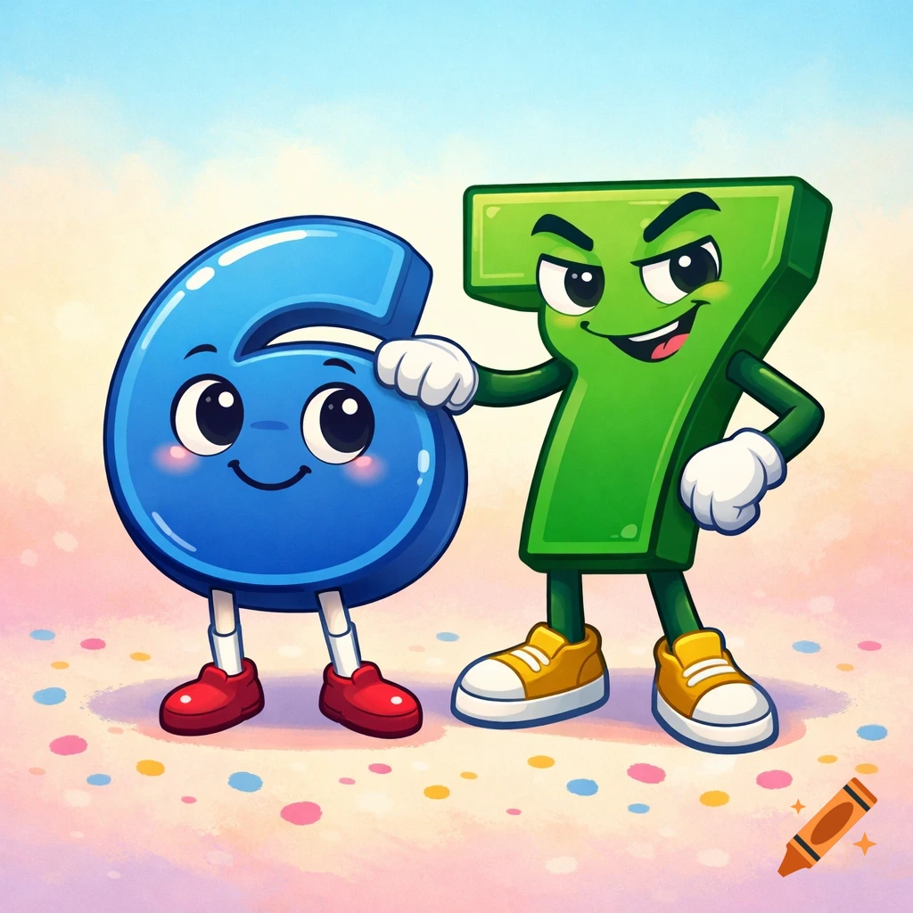 Cartoon numbers 6 and 7 with faces, arms, and legs standing together on a colorful ground with a blue and yellow sky.