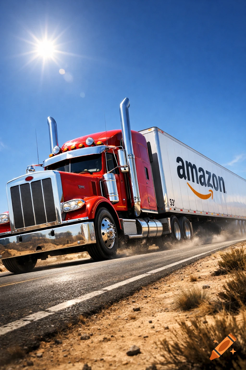 A red Peterbilt semi-truck with an Amazon 53' trailer drives on a desert road under a bright sunny sky.