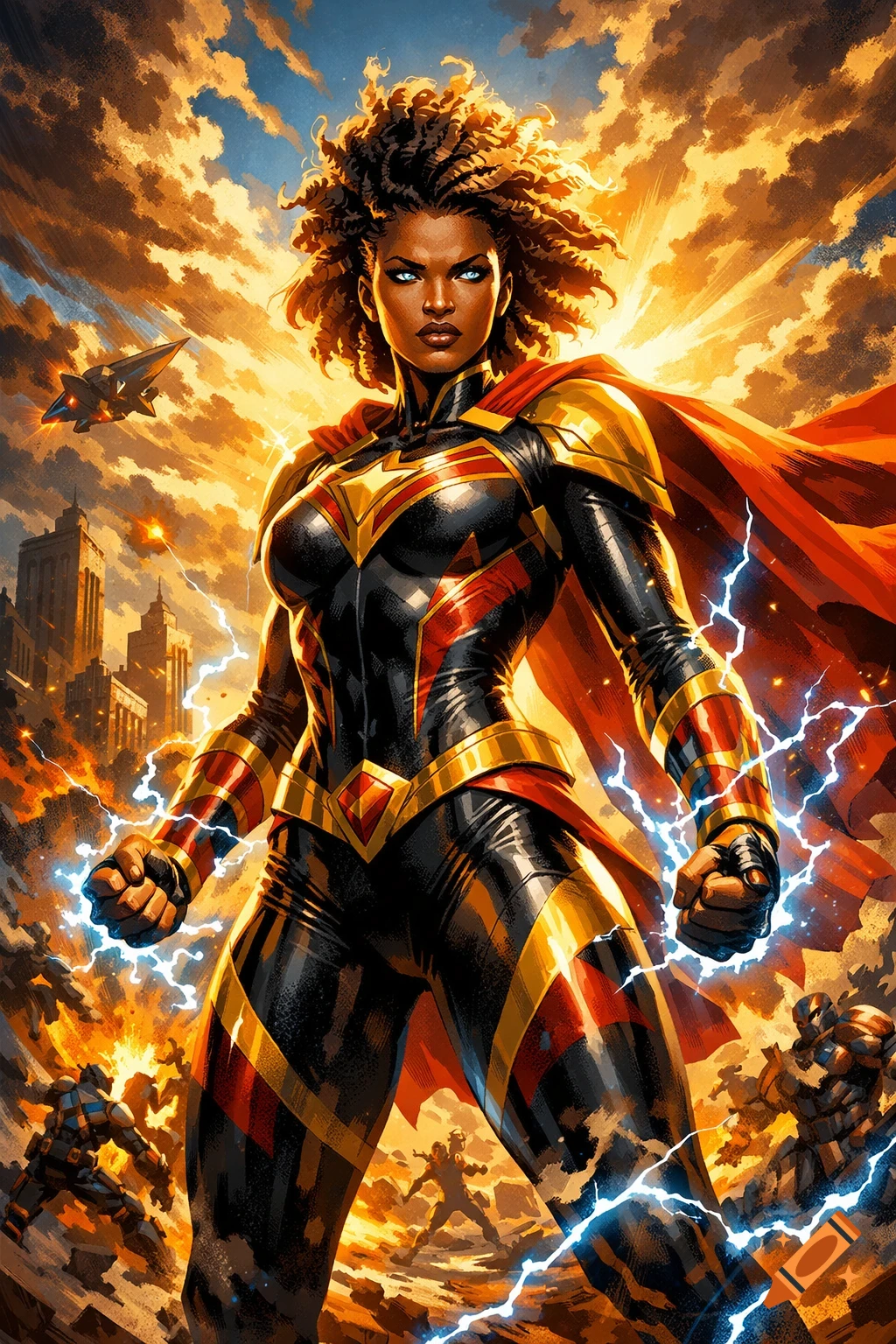A powerful Black female superhero in a black and gold suit with a red cape, surrounded by lightning in a fiery battle, comic art style.