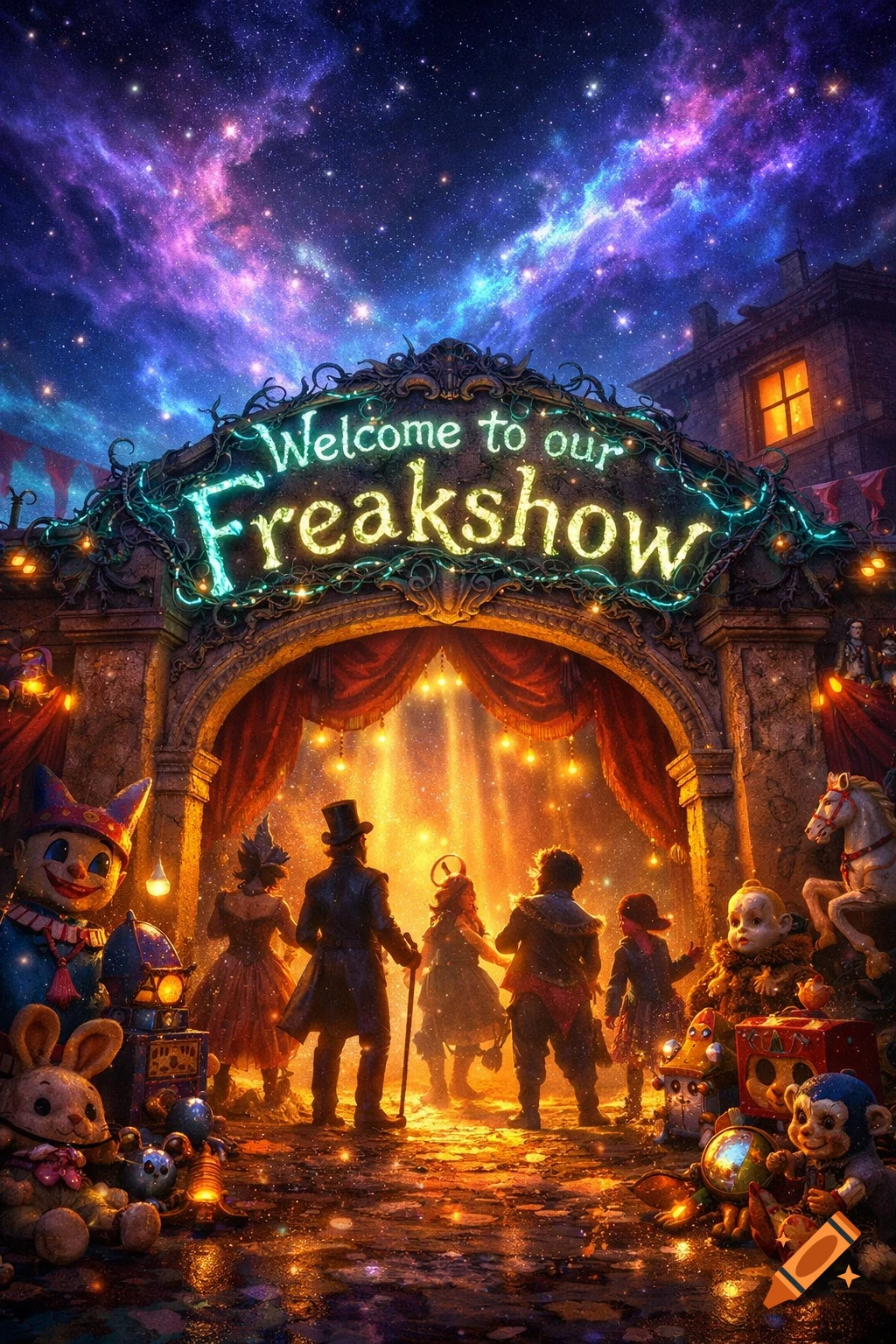 A vibrant, fantastical image shows people approaching a glowing "Welcome to our Freakshow" archway under a galaxy sky, surrounded by eerie toys and lights.