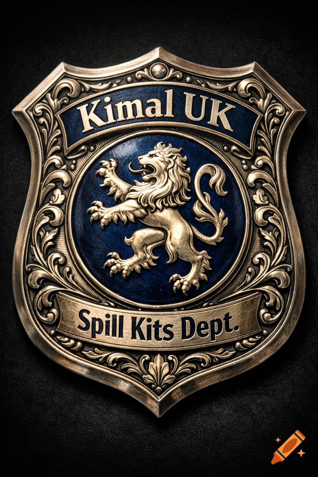 Ornate gold and blue shield badge with a rampant lion and the text 'Kimal UK Spill Kits Dept.'.