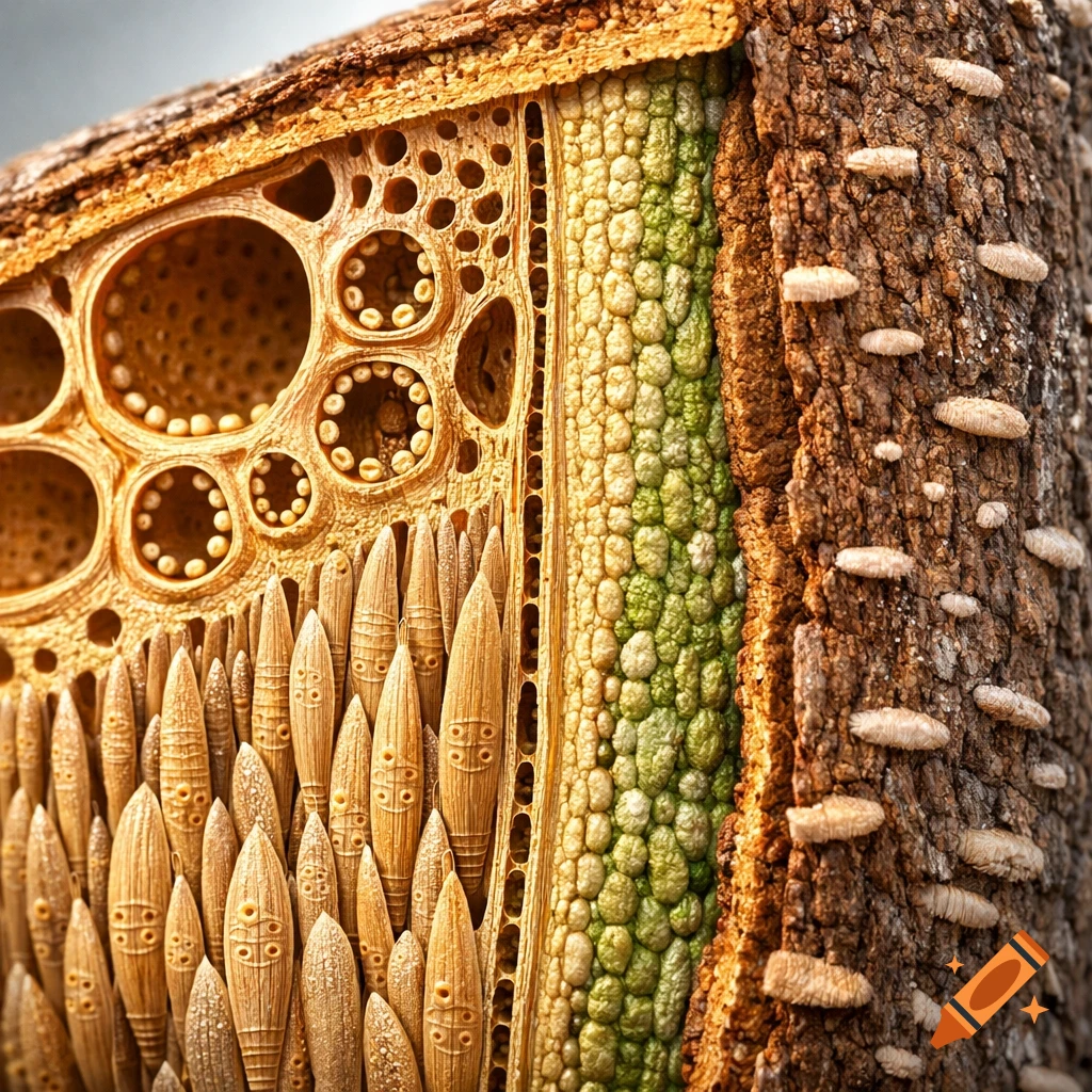 Detailed abstract cross-section of a tree trunk, revealing intricate wood fibers, cellular patterns, and textured bark.