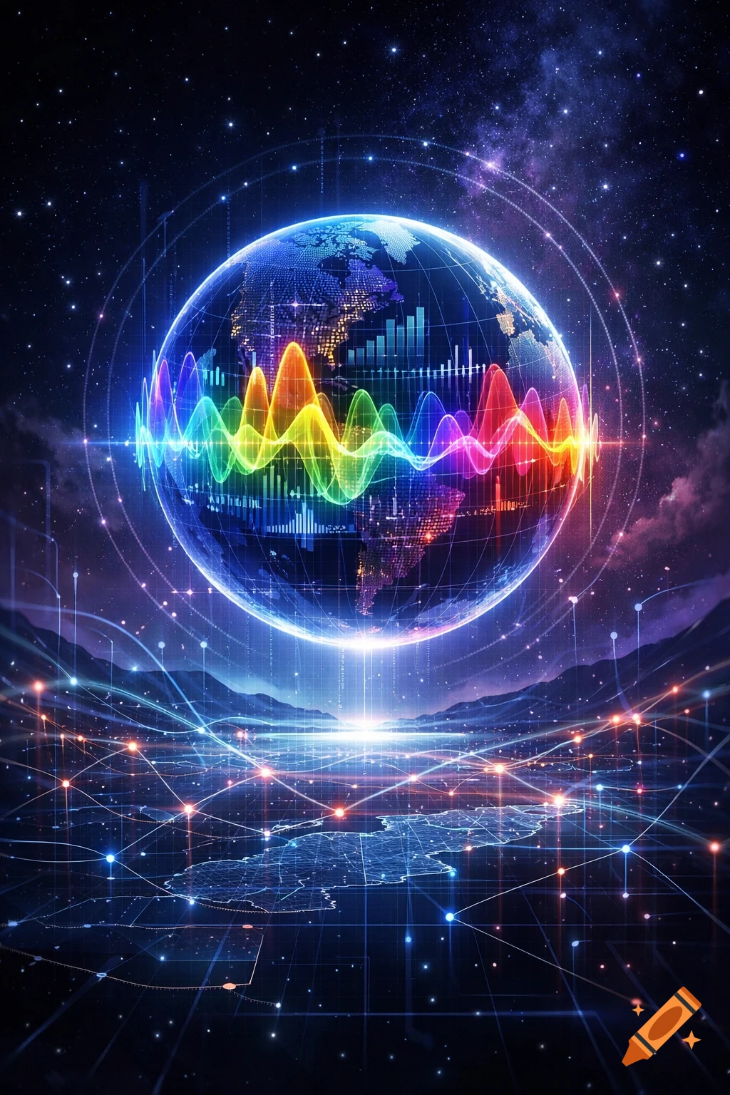 A vibrant, futuristic image of a glowing Earth globe with colorful sound waves and data bars, surrounded by connecting network lines against a starry space.
