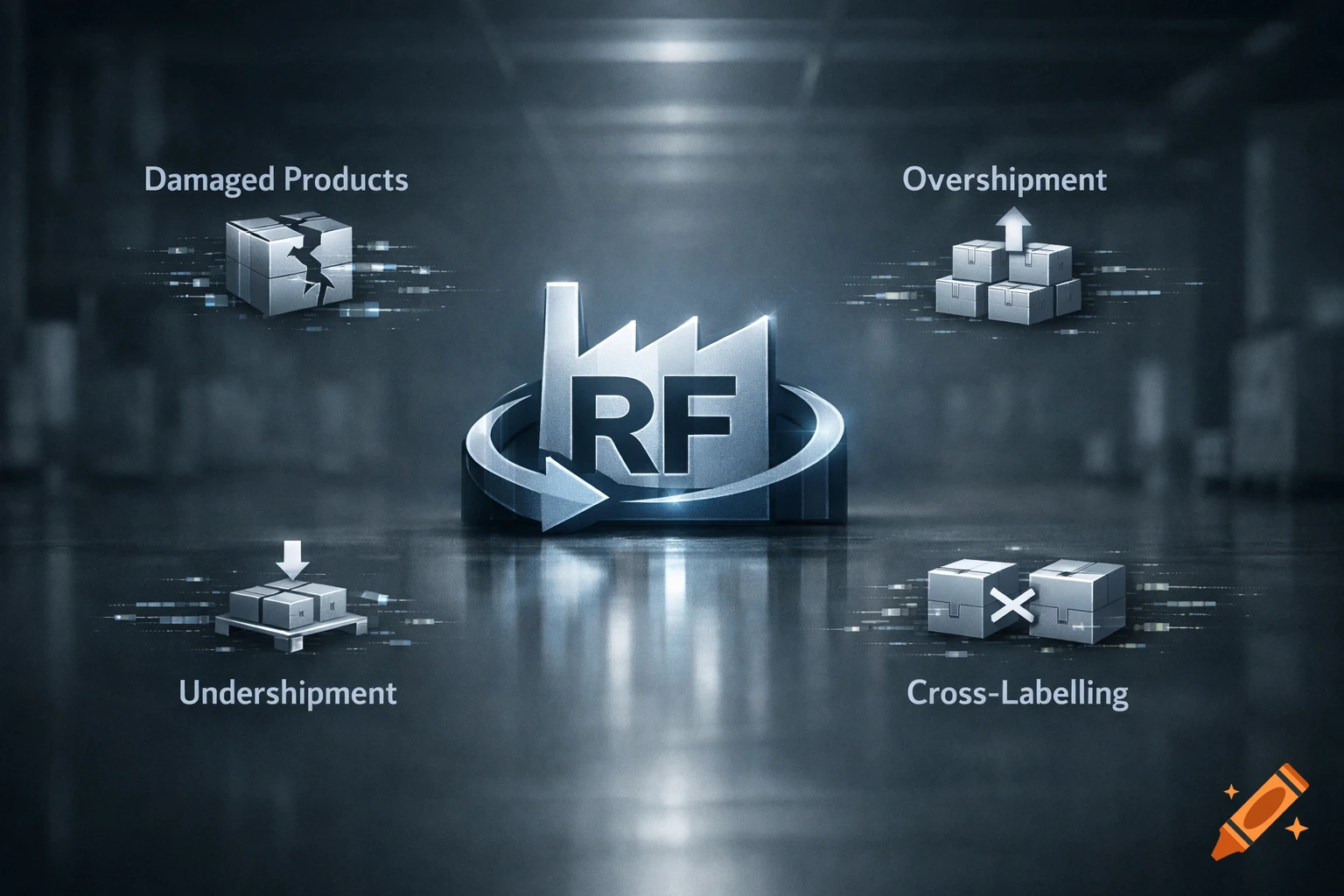 Grey-toned infographic showing a central factory icon with 'RF' and circular arrow, surrounded by icons for 'Damaged Products', 'Overshipment', 'Undershipment', 'Cross-Labelling'.