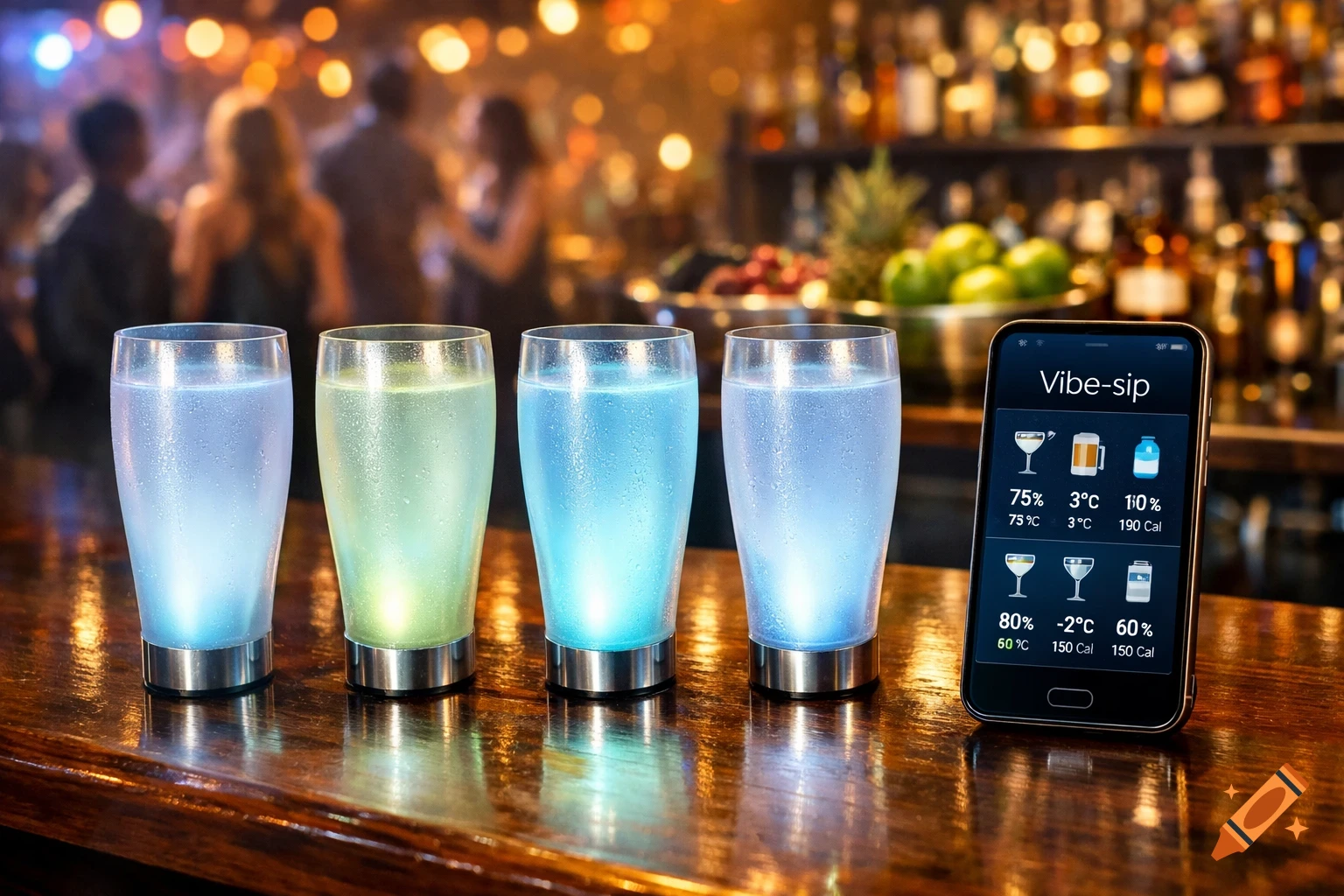 Four smart glasses, glowing blue and green, sit on a bar next to a smartphone displaying the 'Vibe-sip' app. A blurry party scene is in the background.