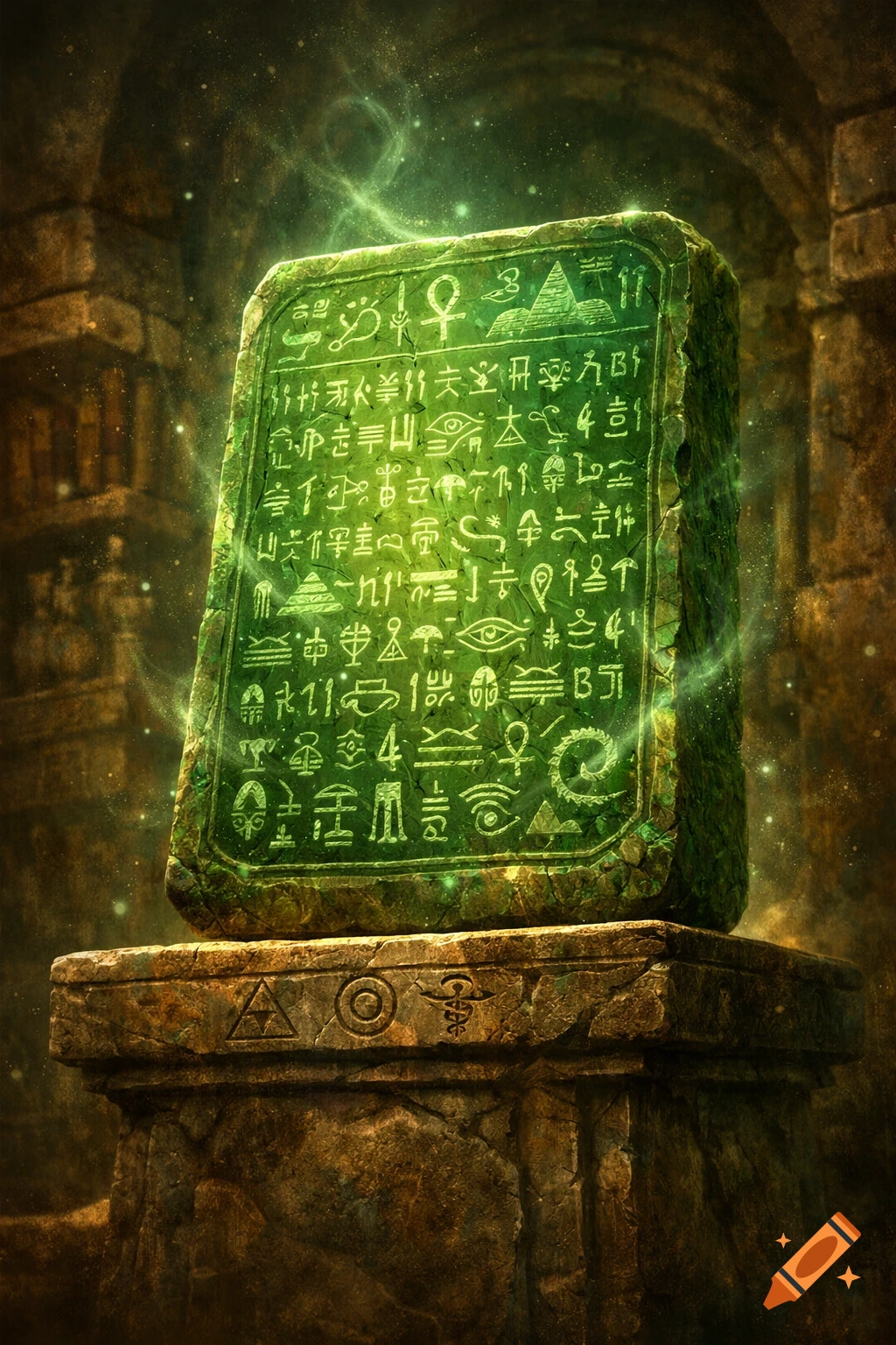 A vibrant emerald tablet with glowing ancient symbols stands on a stone pedestal in a dark, ancient ruin, bathed in mystical light.