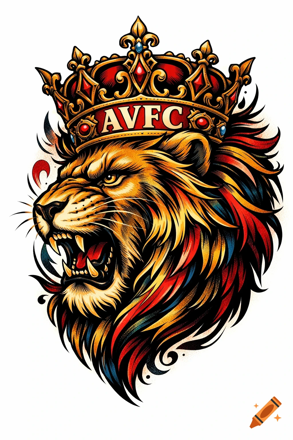 A stylized roaring lion wearing a crown with 'AVFC' on it, depicted in a vibrant tattoo art style with red, gold, and blue accents.