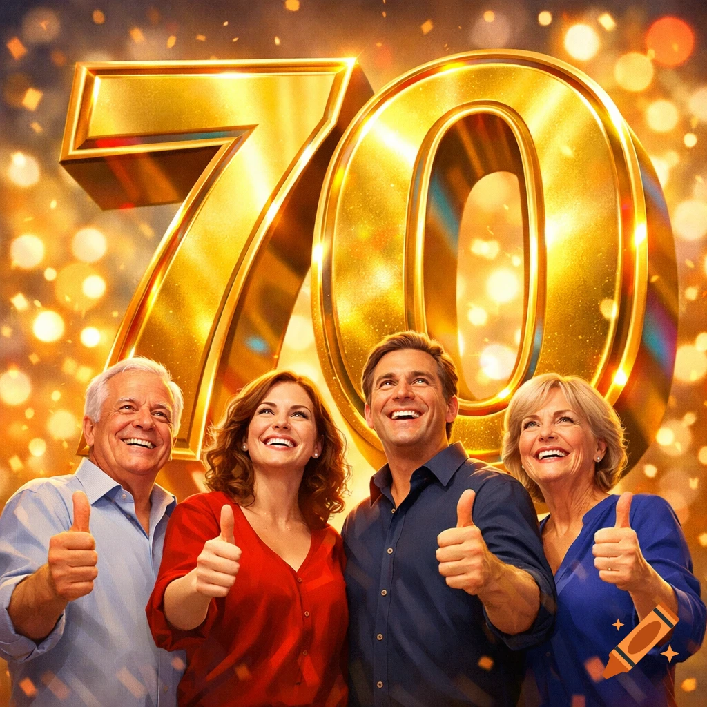 Four happy people give thumbs up in front of a large, golden number 70 and sparkling confetti.