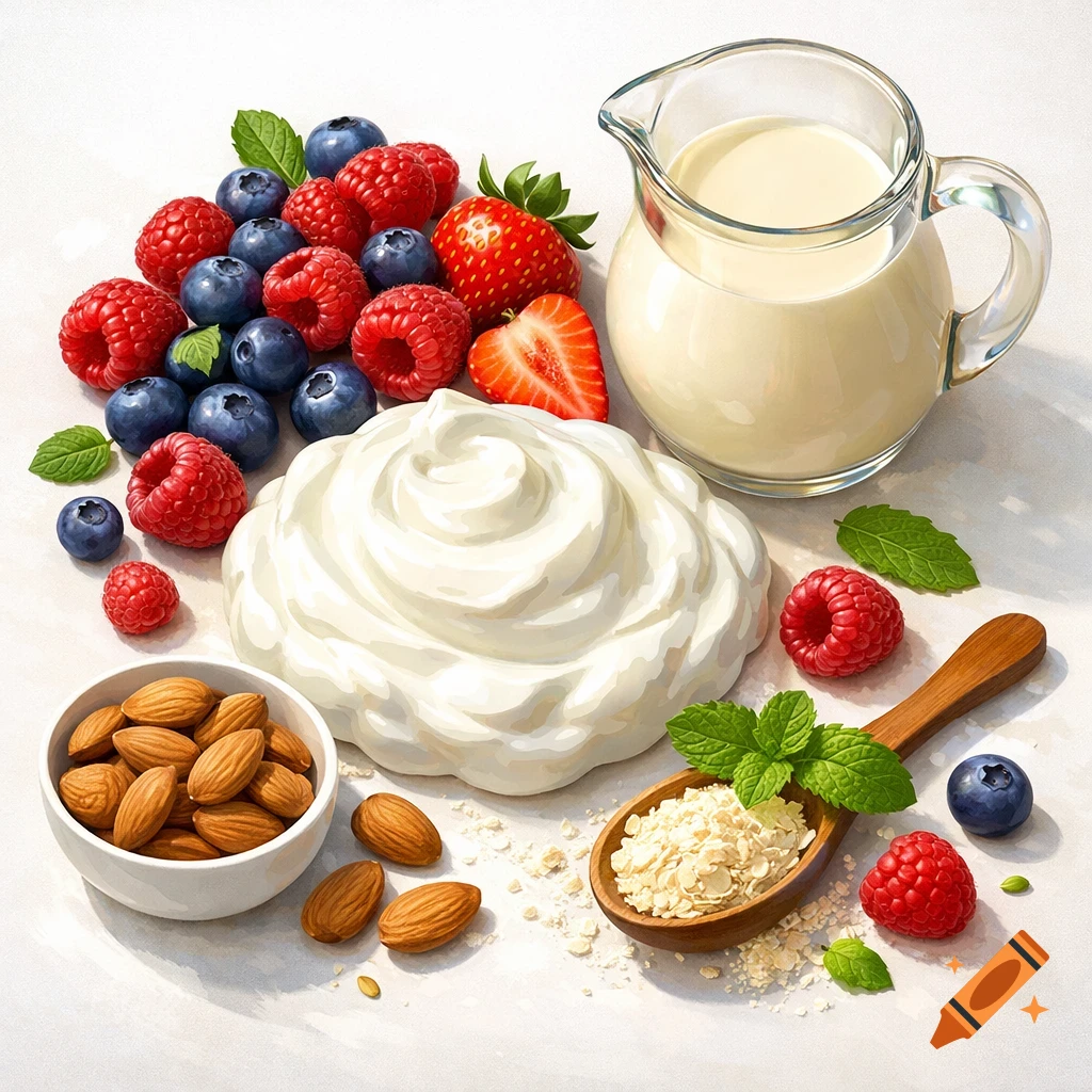 A top-down view of smoothie ingredients: a swirl of white yogurt, mixed berries, almonds, oats, and a pitcher of milk on a white surface.