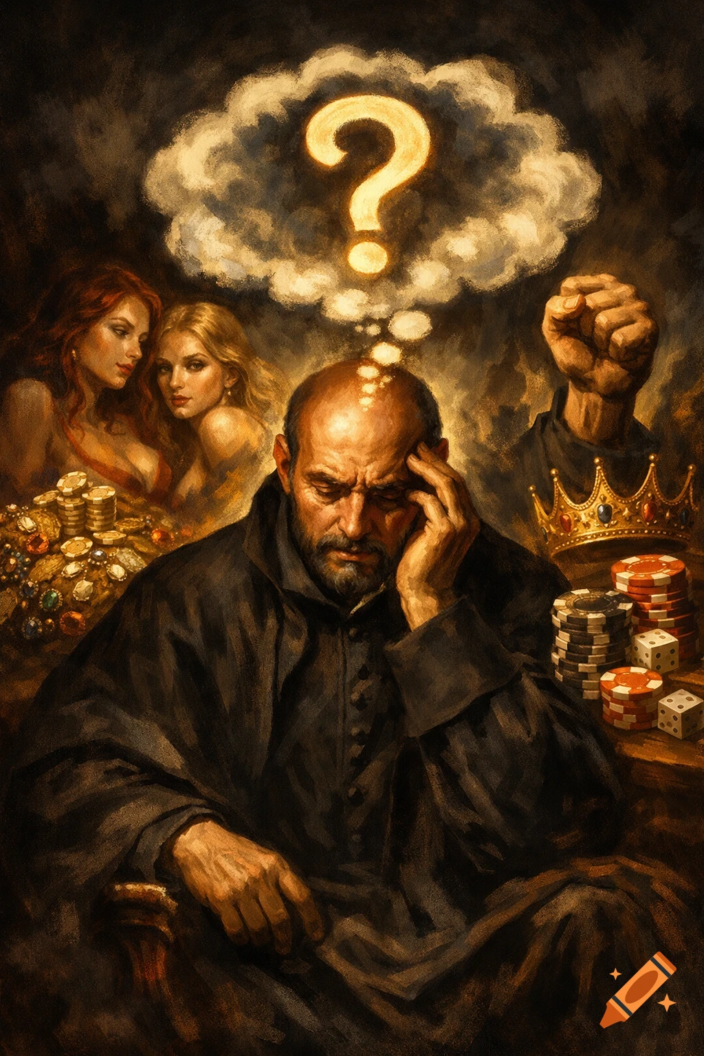A man in a dark robe with a pensive expression, surrounded by allegories of temptation: women, gold coins, poker chips, and a crown. A question mark appears in a thought cloud above his head, in a dark, painterly style.