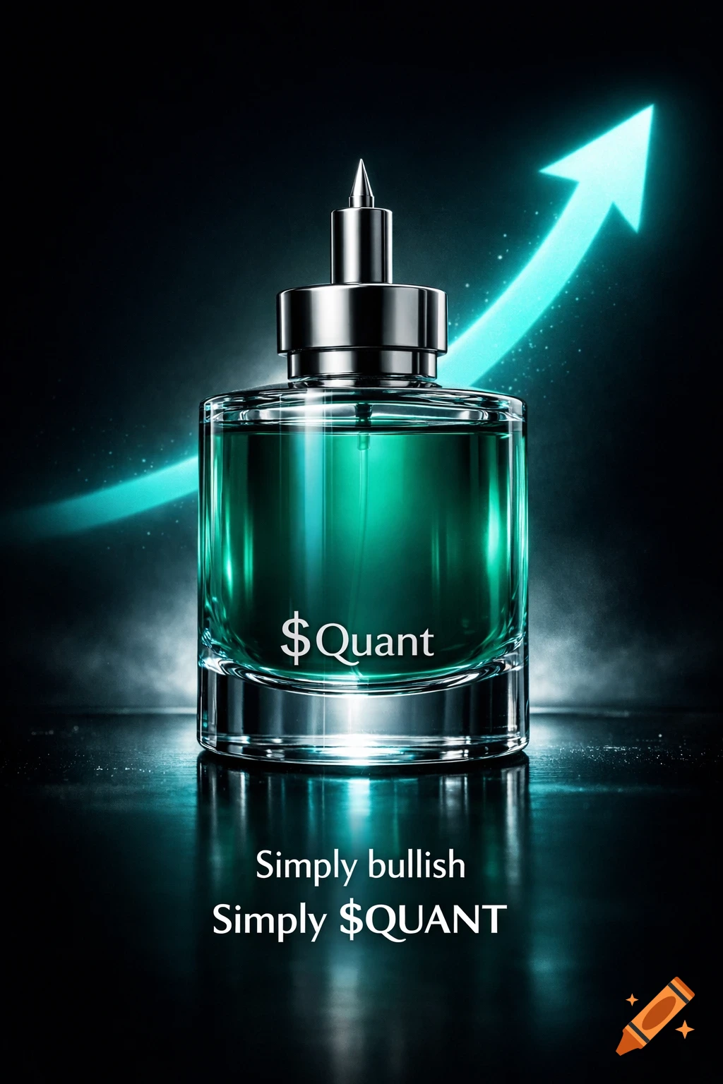 A sleek green perfume bottle labeled "$Quant" with a silver cap against a dark background with a glowing neon blue upward arrow.