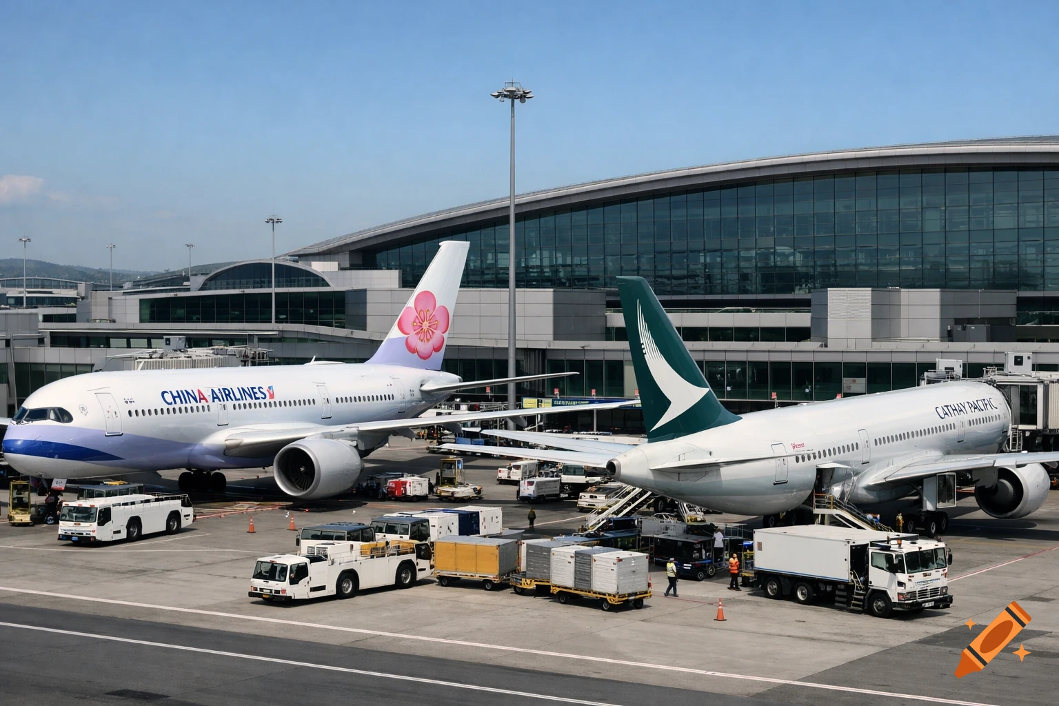 Ultra-realistic aviation photograph of a China Airlines and a Cathay Pacific wide-body aircraft parked at gates at a large international airport.