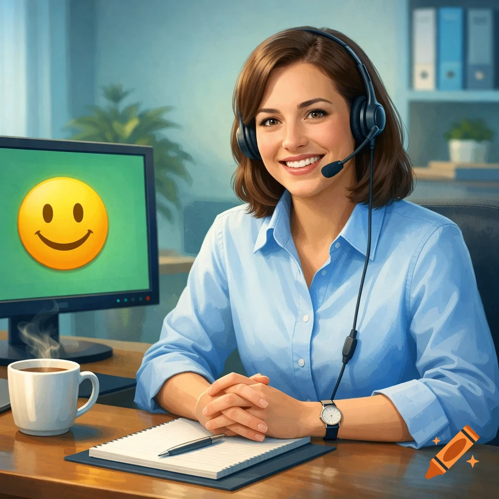 A smiling woman wearing a headset sits at a desk with a computer displaying a smiley face emoji, a coffee cup, and a notebook.