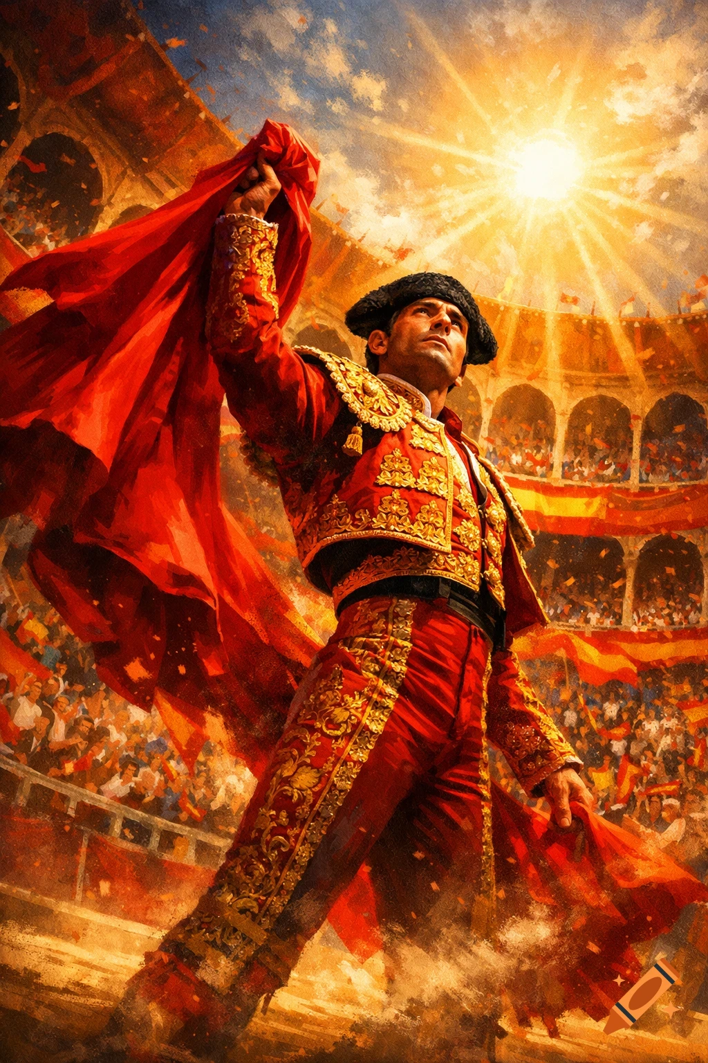 A matador in a red and gold suit holds a red cape aloft in a sunlit bullring, in a dramatic painterly style.