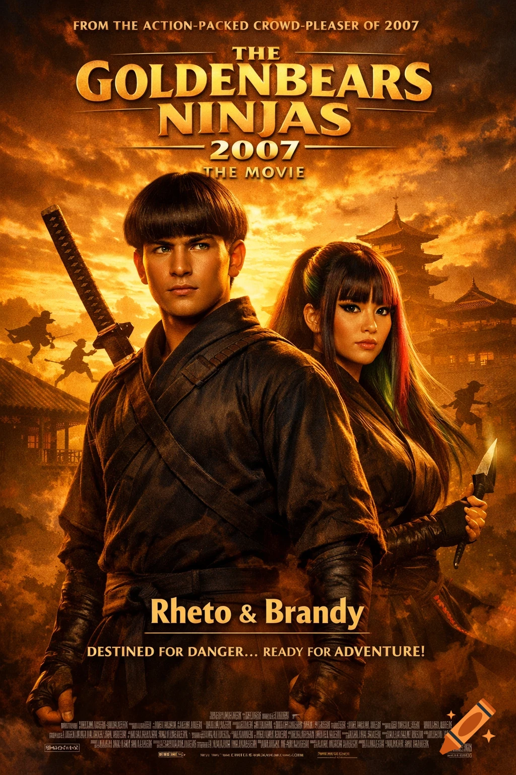 Movie poster for 'The GoldenBears Ninjas 2007 The Movie', featuring a male and female ninja in dark suits against an orange, cloudy sky with pagodas and silhouetted figures.
