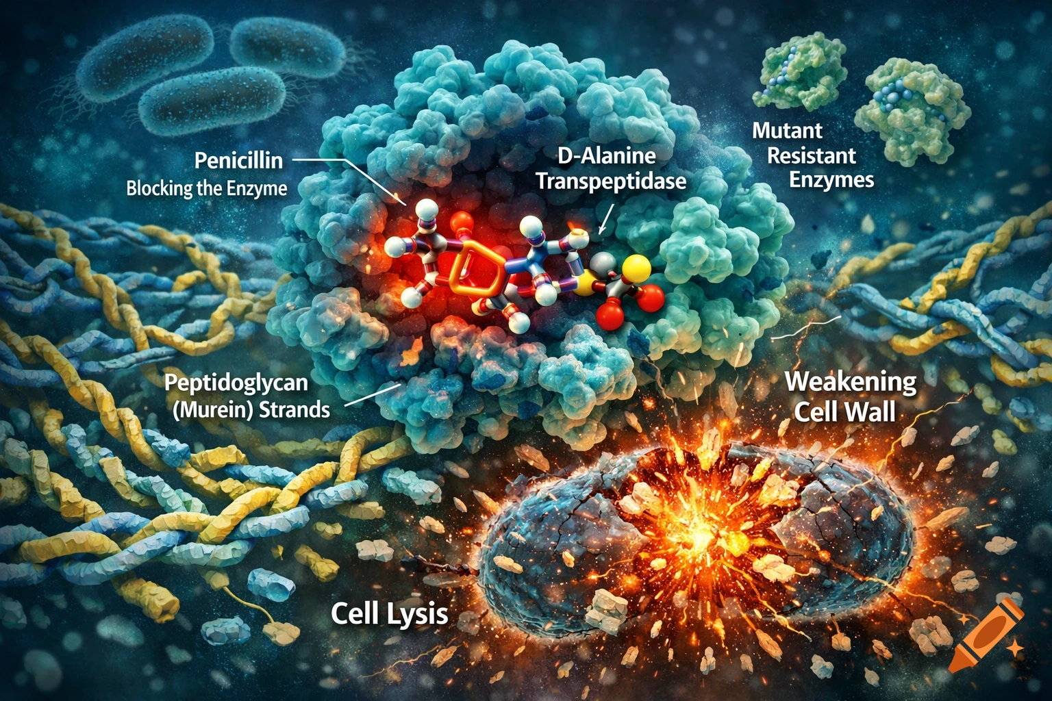 Detailed scientific illustration showing penicillin blocking D-alanine transpeptidase, leading to weakening cell walls and cell lysis in bacteria, with mutant resistant enzymes in the background.