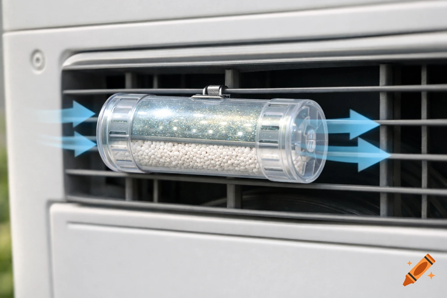 Close-up of a clear stick-shaped anti-mold cartridge with white beads and a glittery solution inside, clipped into a white air conditioner vent, with blue airflow arrows pointing right. Photorealistic style.