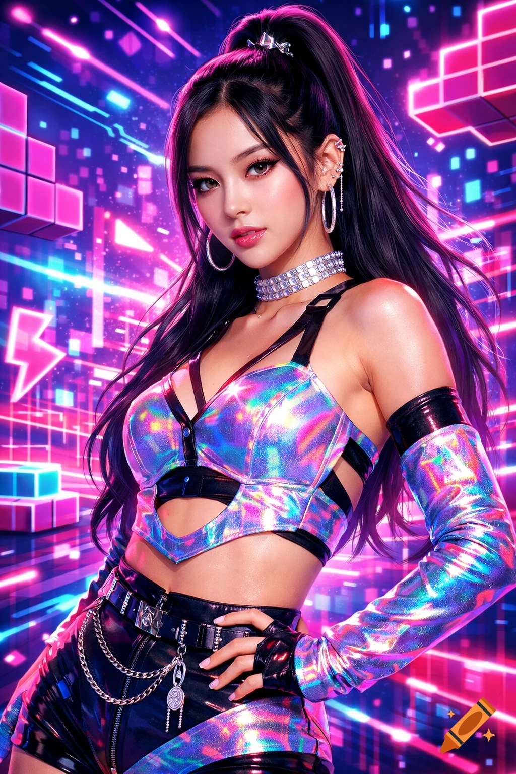 A woman in a vibrant, holographic outfit poses against a neon cyberpunk background, with long dark hair and striking makeup.