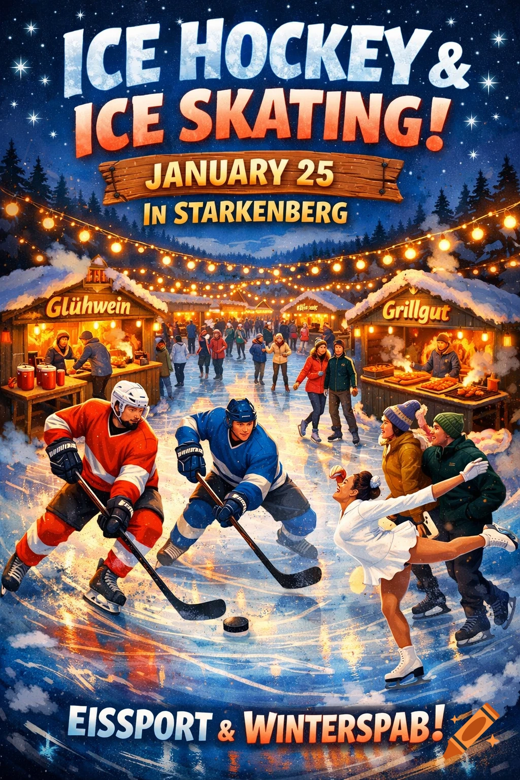 An illustrative poster shows two ice hockey players, a figure skater, and a winter market with food stalls and people in the background, all beneath text announcing "Ice Hockey & Ice Skating!"