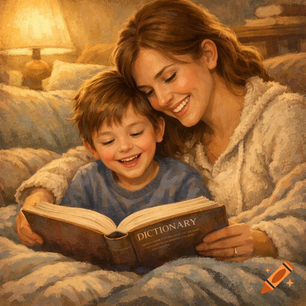 Loving mother and son on a cozy couch, happily reading an open dictionary in a warm, storybook illustration style.