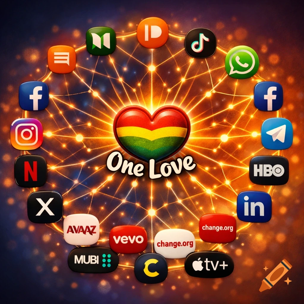 A glowing network connects a central rainbow heart with "One Love" text to numerous social media and streaming app logos around its perimeter.