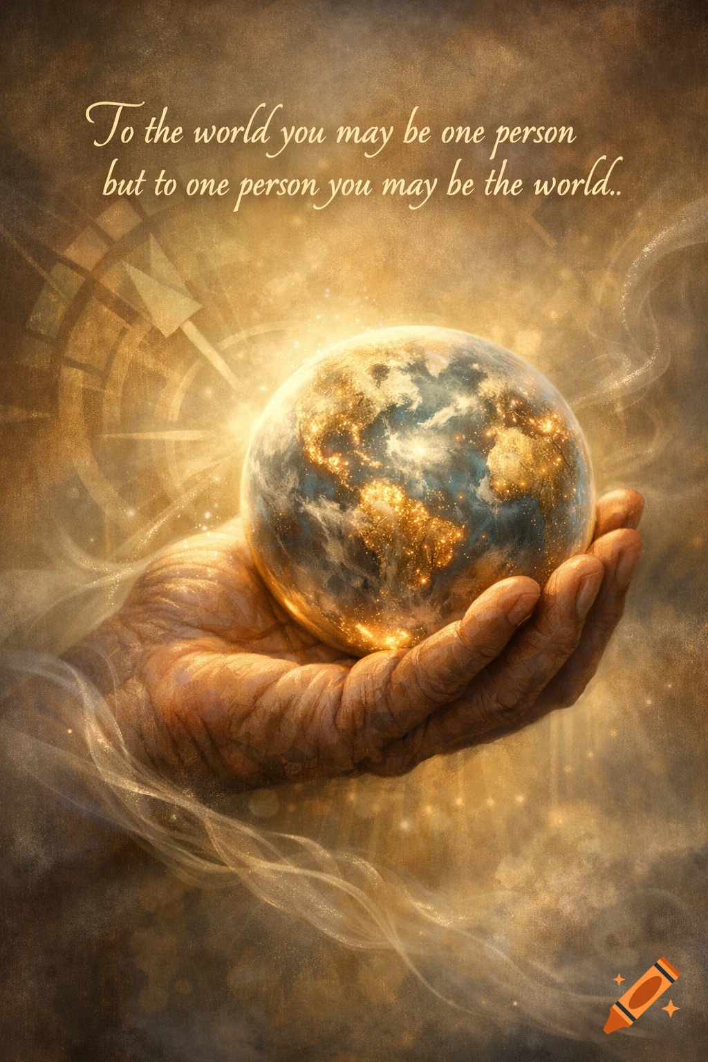 A hand gently cups a glowing Earth with city lights visible, set against a warm, ethereal background, featuring an inspirational quote.