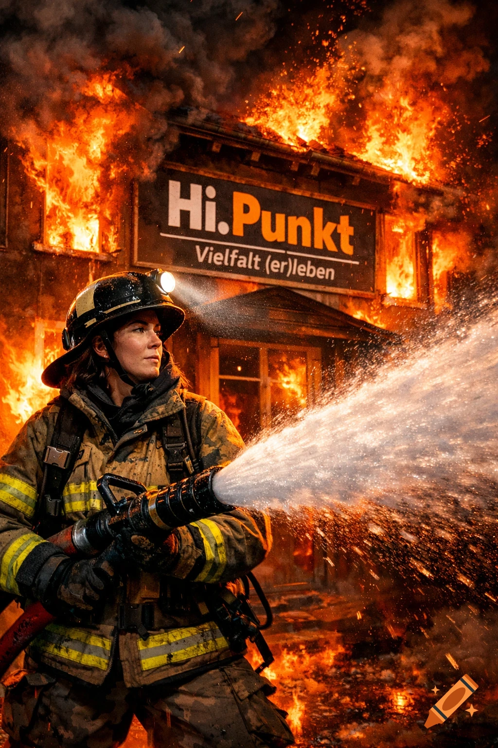 Photorealistic image of a female firefighter battling a large fire engulfing a building with a sign that reads 'Hi.Punkt Vielfalt (er)leben'.