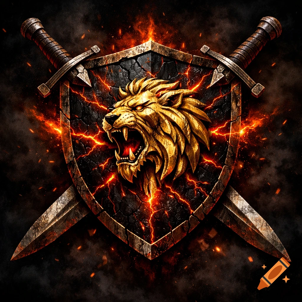 A roaring golden lion's head is emblazoned on a cracked black shield, flanked by two crossed swords, with fiery sparks glowing around it on a dark background. Digital art style.