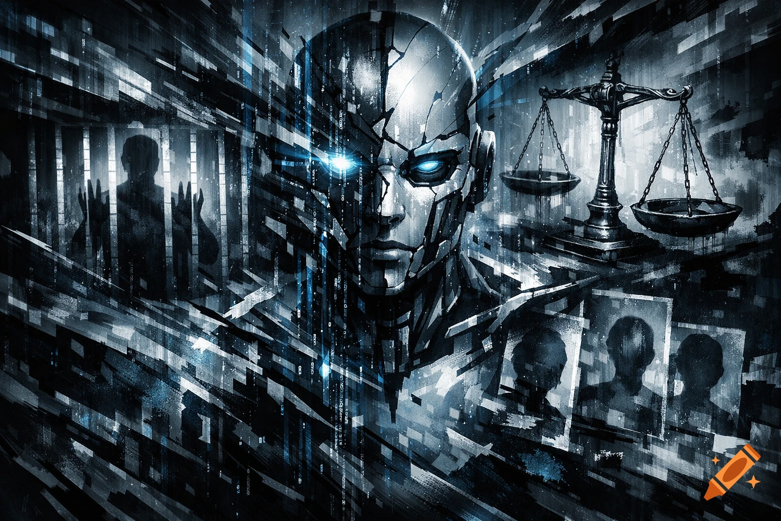 Monochromatic digital art of a cracked cyborg face with glowing blue eyes, glitchy data, silhouettes in jail, and justice scales.