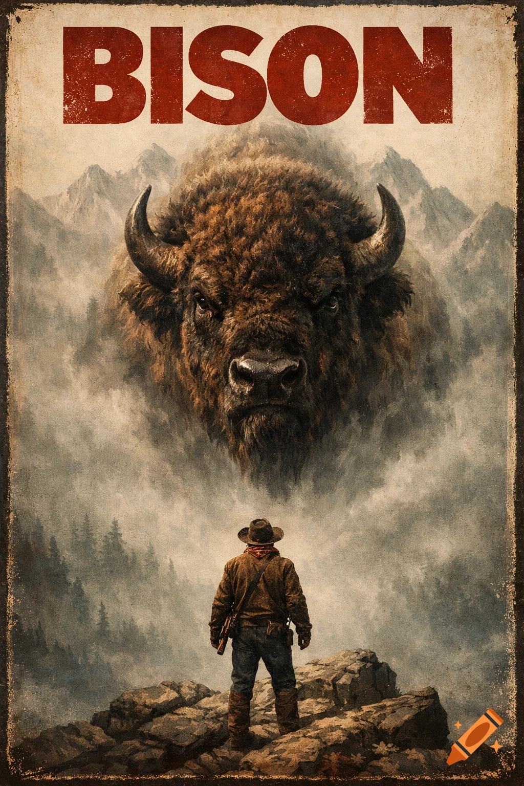 A vintage-style movie poster titled "BISON" shows a man looking up at a giant bison head emerging from mountain mist.