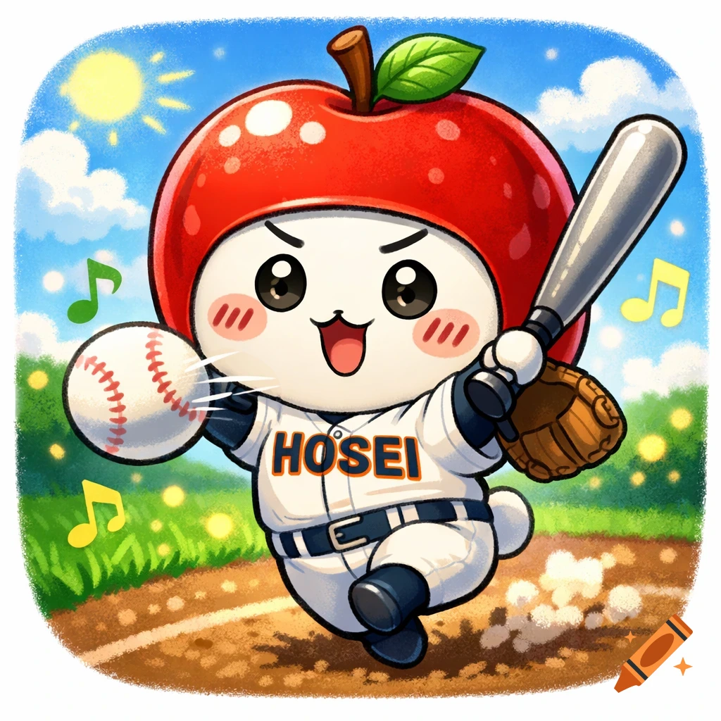 Cute cartoon character with an apple hat and baseball uniform playing baseball on a sunny field, holding a bat and ball.