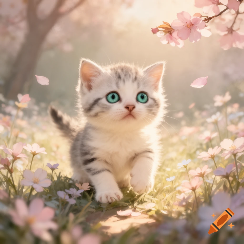 A fluffy white and grey kitten with bright turquoise eyes walks through a field of pink and white flowers with falling cherry blossoms.
