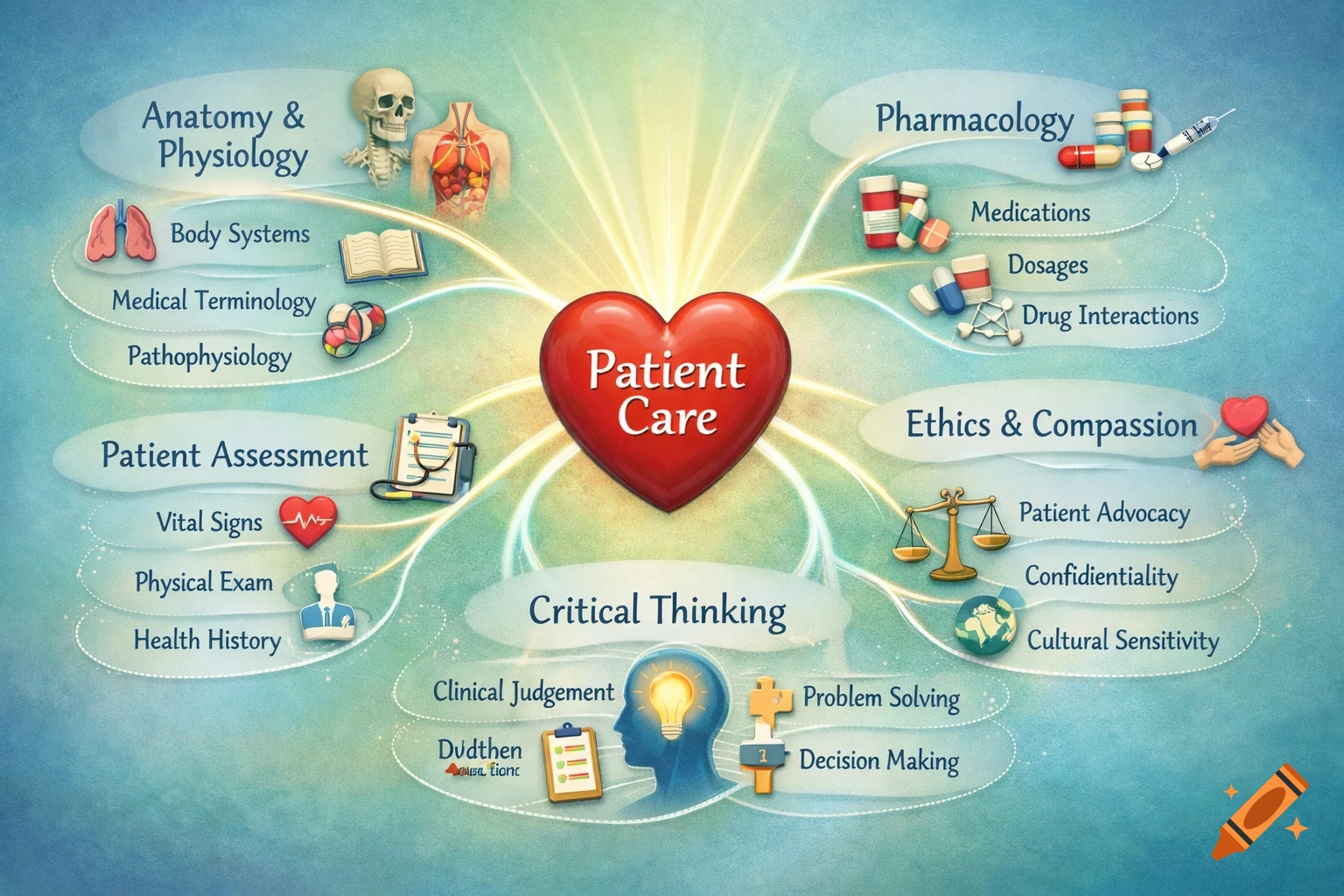 An illustrated mind map on patient care, centered around a red heart, with branches for anatomy, pharmacology, patient assessment, critical thinking, and ethics, featuring icons like a skull, pills, and a stethoscope.