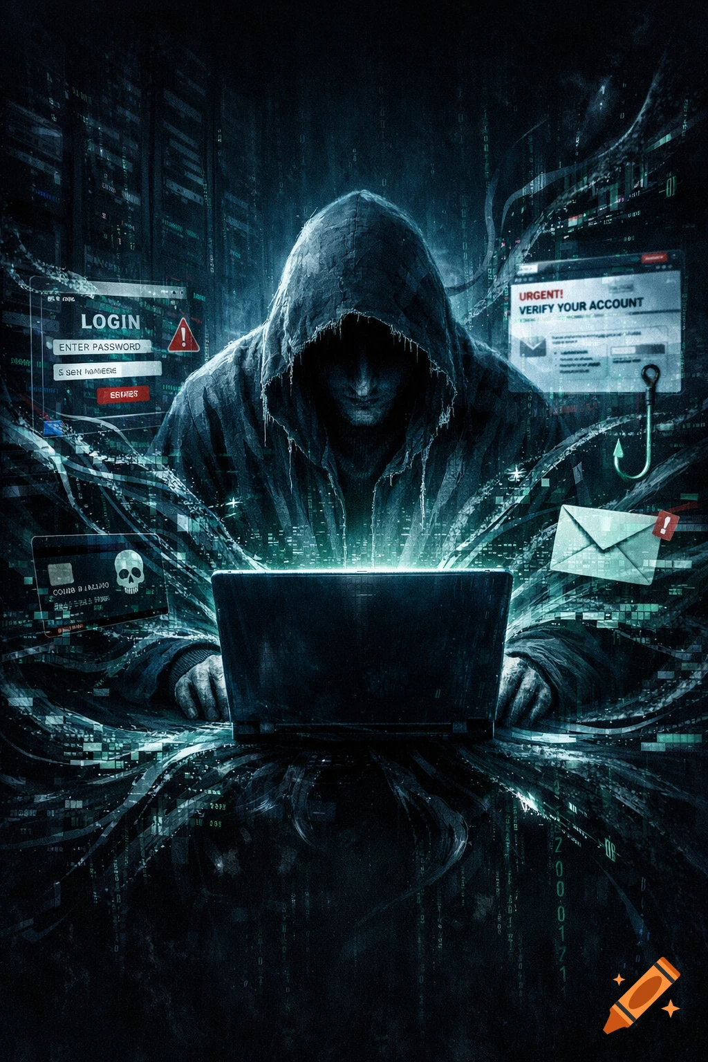 A hooded hacker sits at a laptop surrounded by glowing digital streams, login screens, phishing warnings, and a skull credit card in a dark, stylized digital art poster.