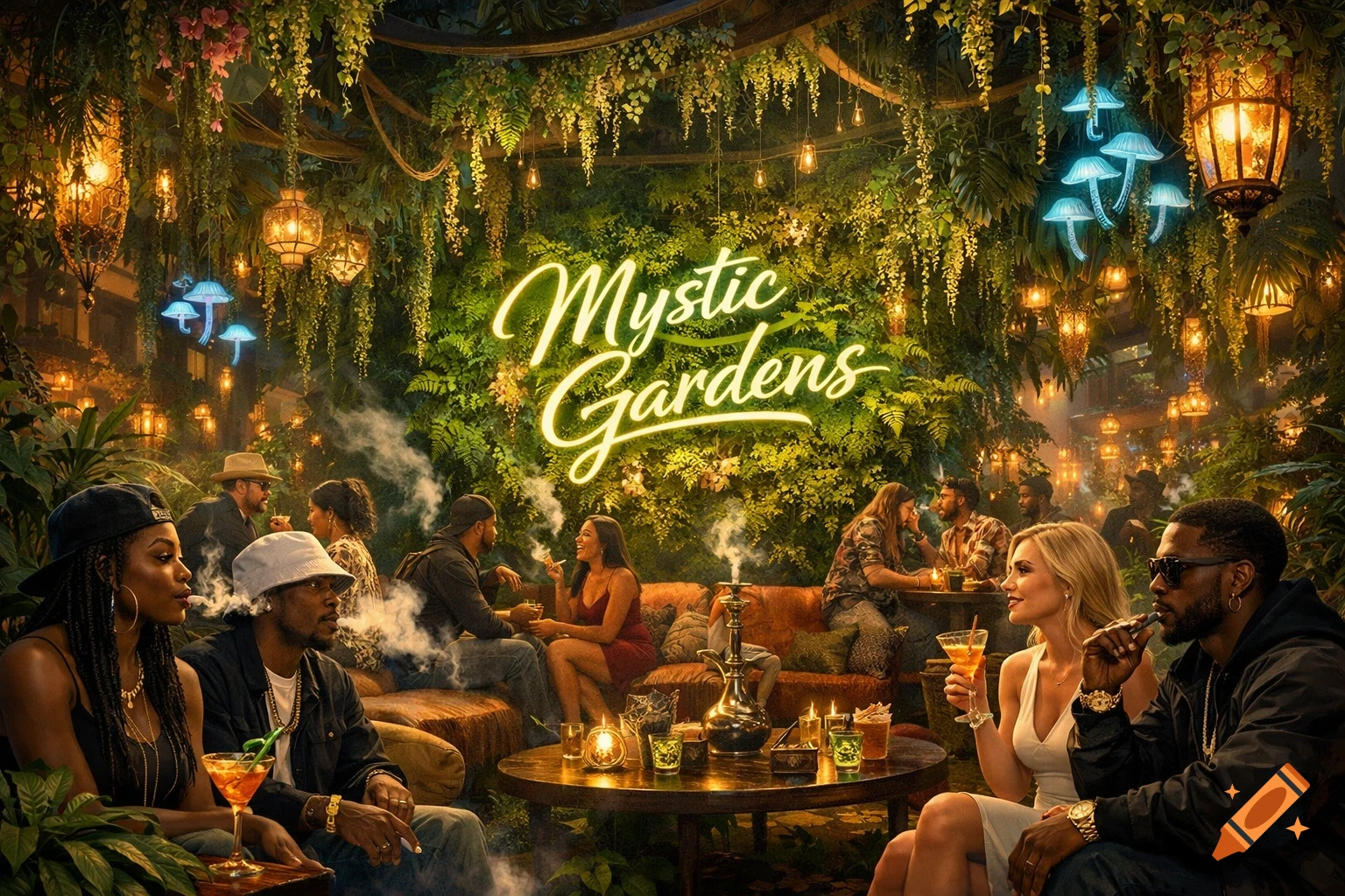 People socialize in a lush, mystic-themed garden lounge with a neon sign reading "Mystic Gardens," glowing lanterns, and a smoky haze, some holding drinks and cigars.