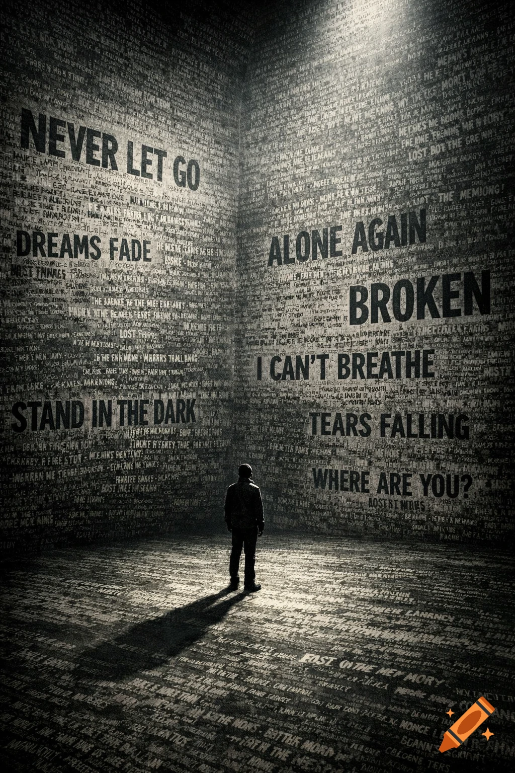 A lone figure stands in a dark room with walls and floor covered in text, some words like 'BROKEN' and 'ALONE AGAIN' are large and prominent.