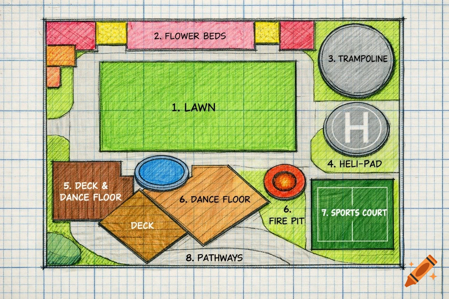 A top-down, hand-drawn backyard blueprint on graph paper, showing labeled areas like lawn, flower beds, trampoline, heli-pad, deck, fire pit, sports court, and pathways.