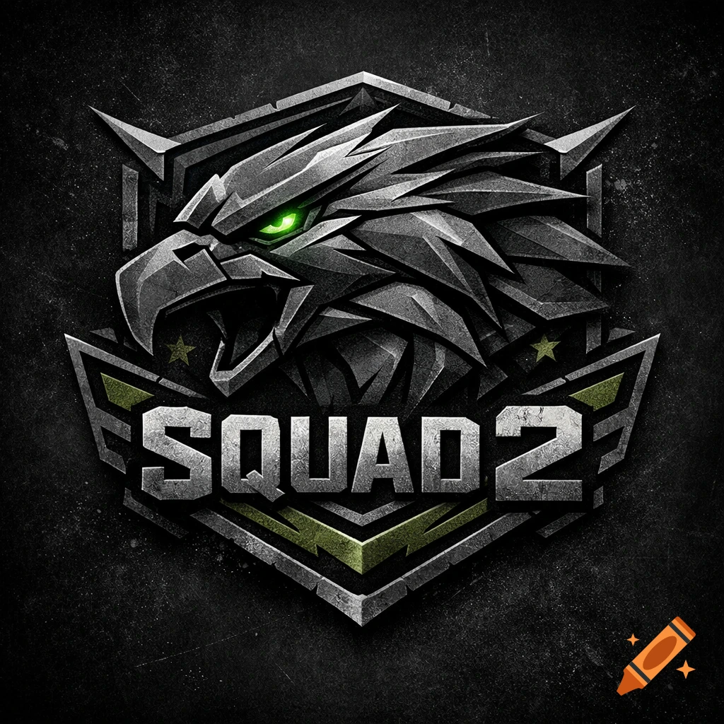 A dark, stylized military logo featuring a metallic eagle head with glowing green eyes and the text 'SQUAD 2'.