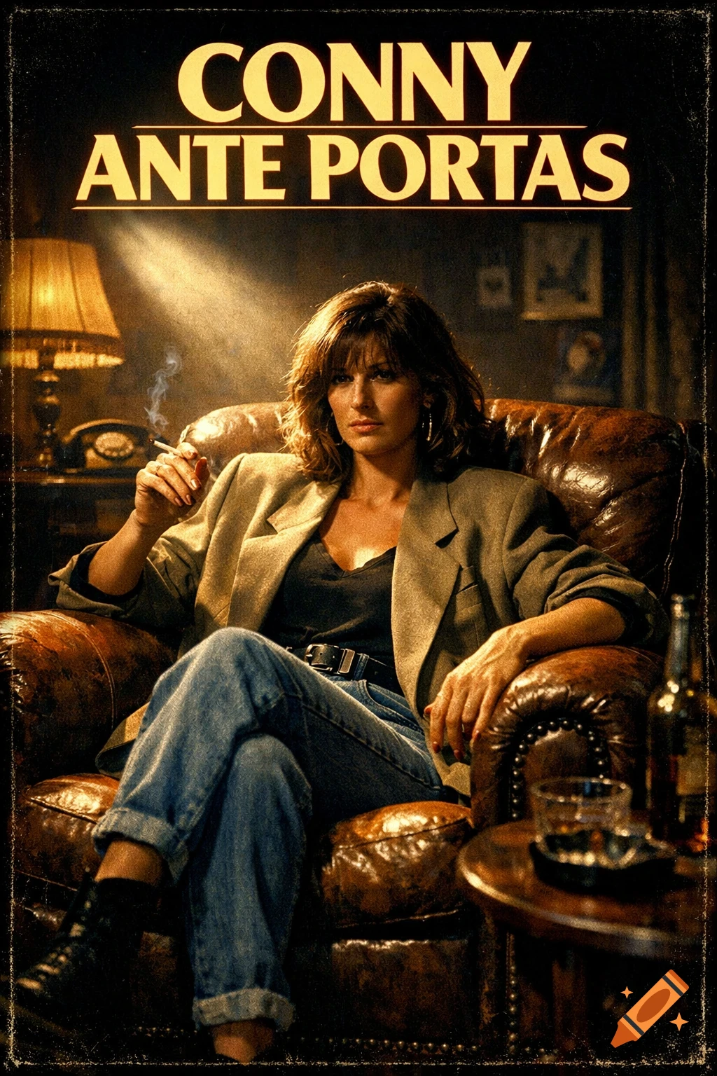 A vintage movie poster of a woman in a leather armchair, smoking, with 'CONNY ANTE PORTAS' at the top.