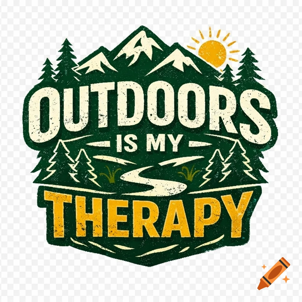 Distressed T-shirt graphic: 'Outdoors Is My Therapy' text framed by mountains, pine trees, and a sun in green, gold, and white.