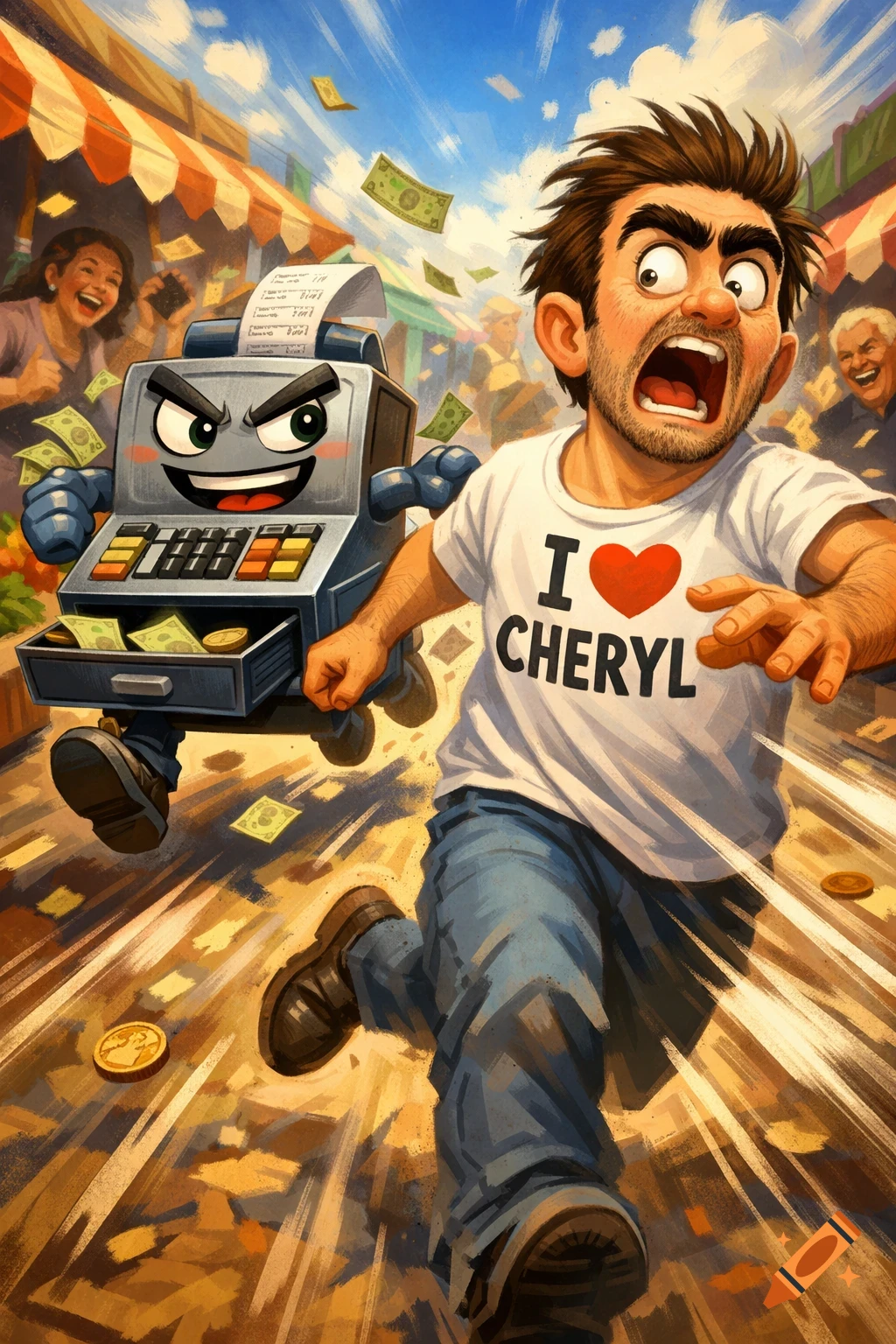 Cartoon man in an "I love Cheryl" shirt frantically runs from an angry, anthropomorphic cash register with money flying everywhere in a market.