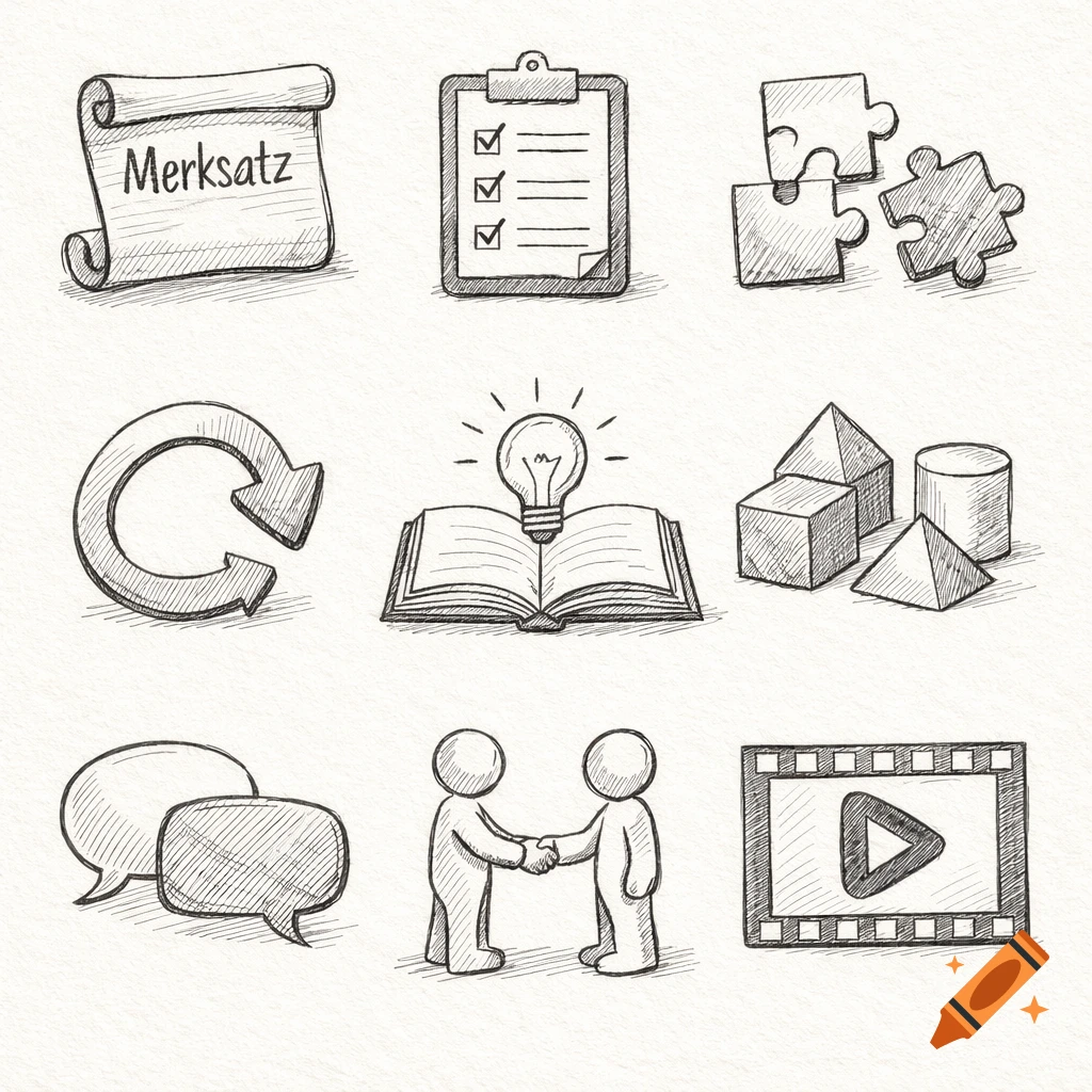 A set of nine hand-drawn sketch-style icons including a scroll with 'Merksatz', a checklist, puzzle pieces, a refresh arrow, a book with a lightbulb, geometric shapes, speech bubbles, two figures shaking hands, and a video player icon.