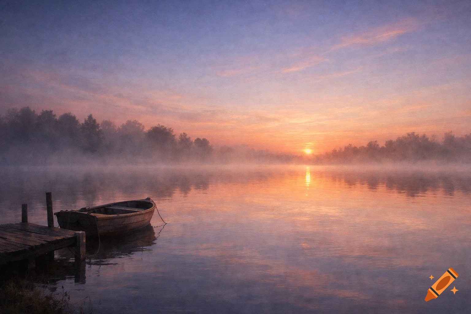A tranquil sunrise over a misty lake, with a wooden boat tethered to a small pier in the foreground and a line of trees across the horizon.