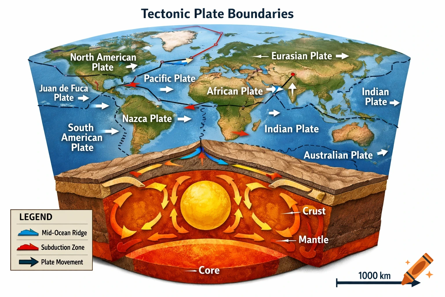 Detailed diagram of Earth's tectonic plate boundaries and internal layers with convection currents.