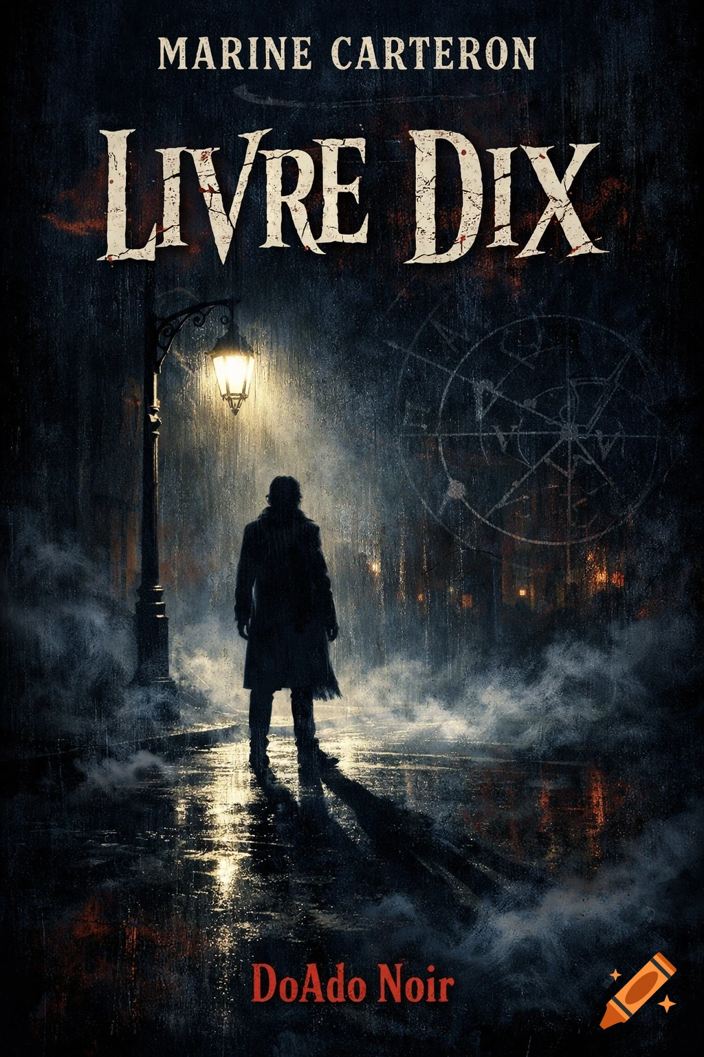 Dark, rainy book cover featuring a person in a trench coat under a lamppost. Titles 'MARINE CARTERON', 'LIVRE DIX', 'DoAdo Noir'.