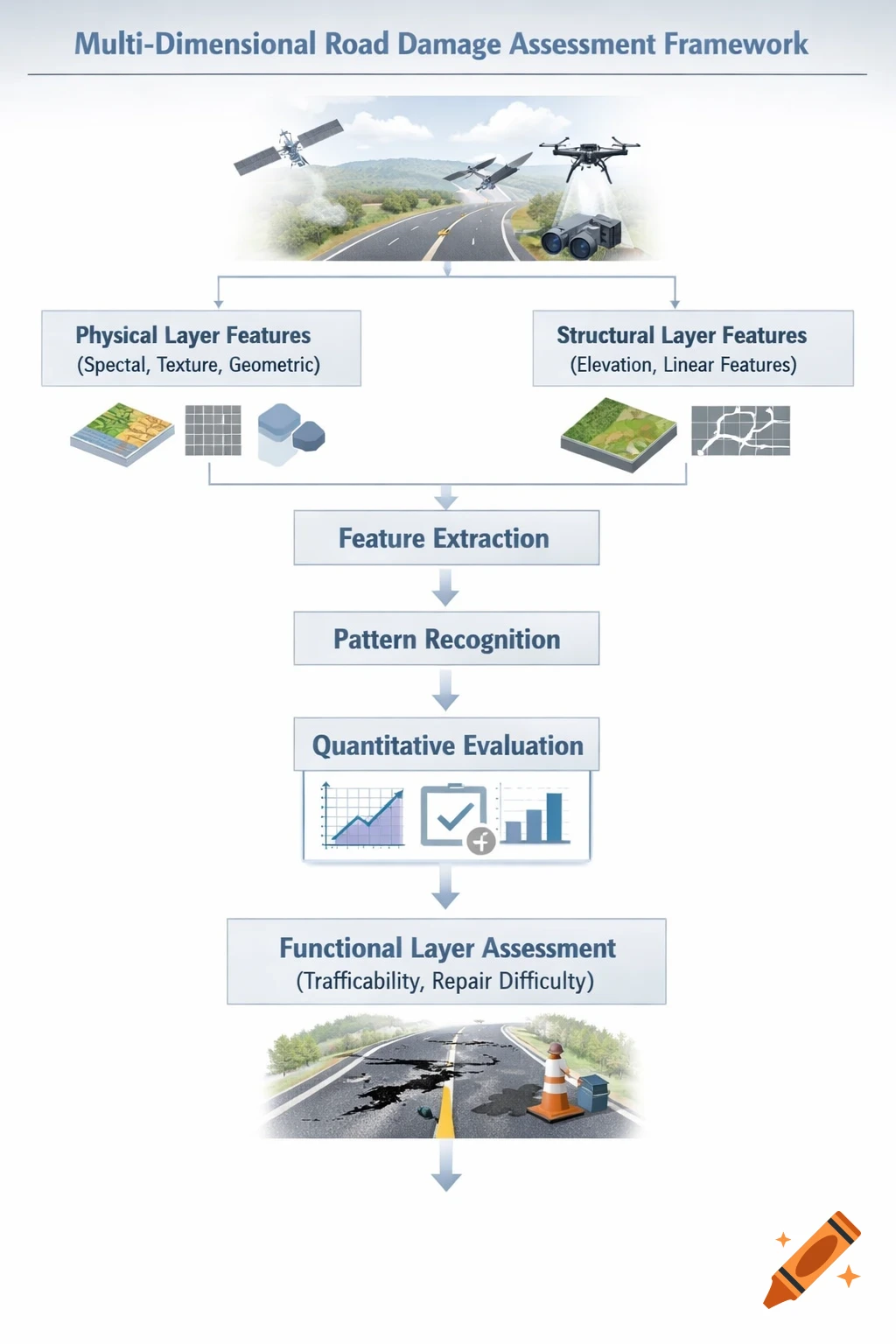 A multi-dimensional road damage assessment framework flowchart with steps from data acquisition to functional layer assessment.